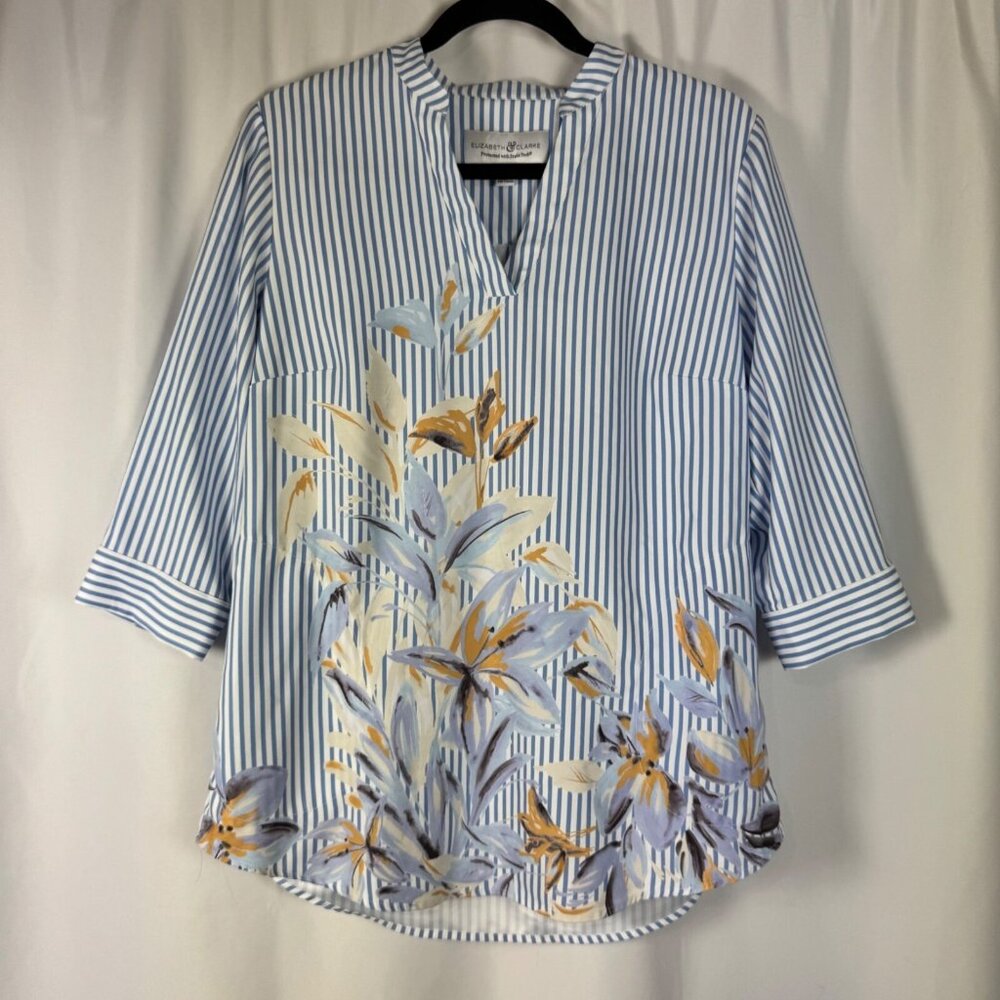 Elizabeth & Clarke Striped Floral Blouse Stain Resistant Career Office Work 8‎